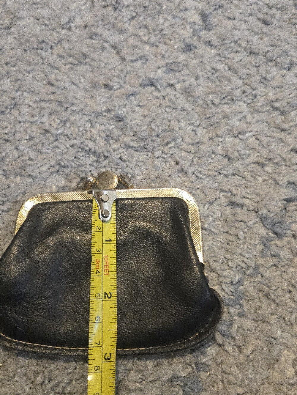 Vintage Genuine Leather Kiss Lock Coin Purse Double Compartment Black Gold Clasp - Picture 8 of 9